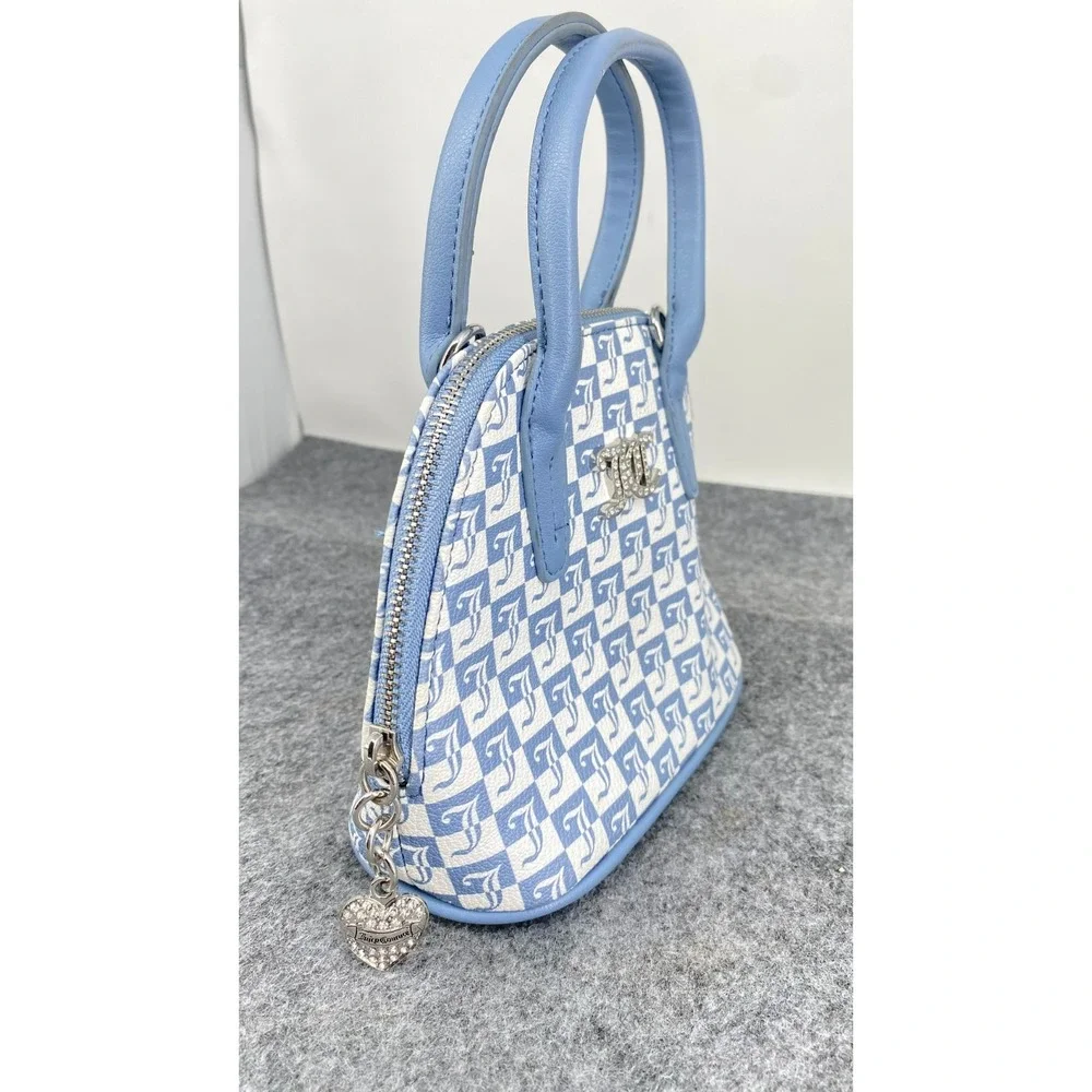 Juicy Couture Blue White Checkered Monogram Mini Dome Satchel Purse Rhinestone